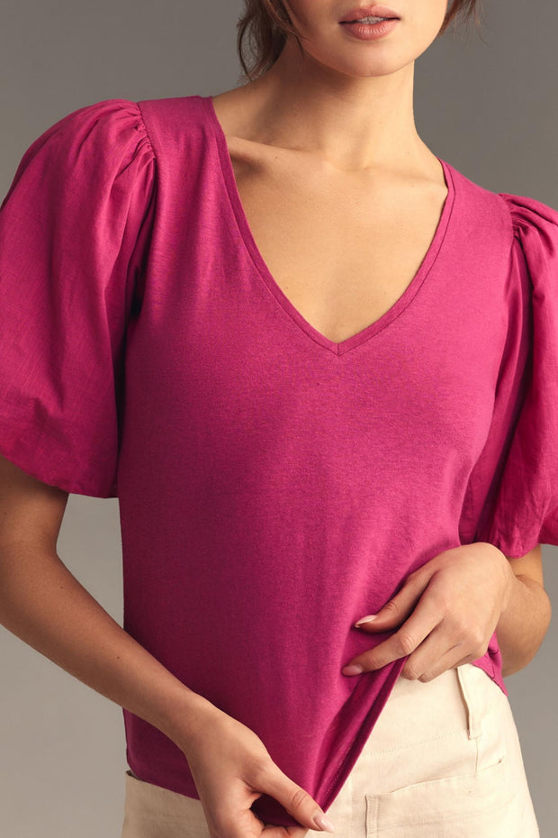 By Anthropologie Puff-Sleeve V-Neck Blouse Top