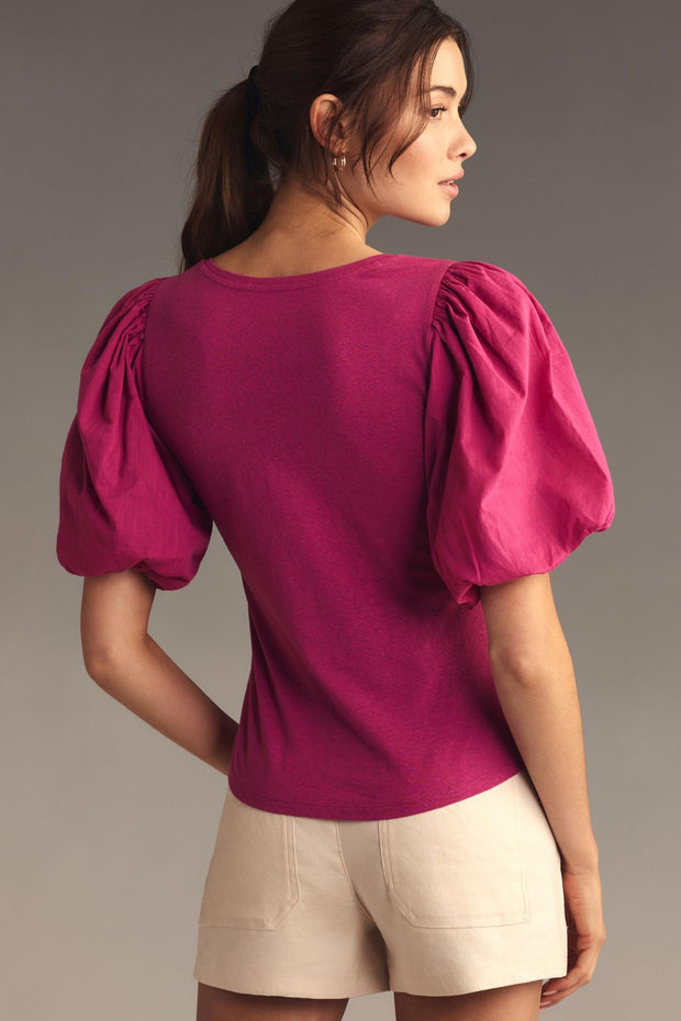 By Anthropologie Puff-Sleeve V-Neck Blouse Top