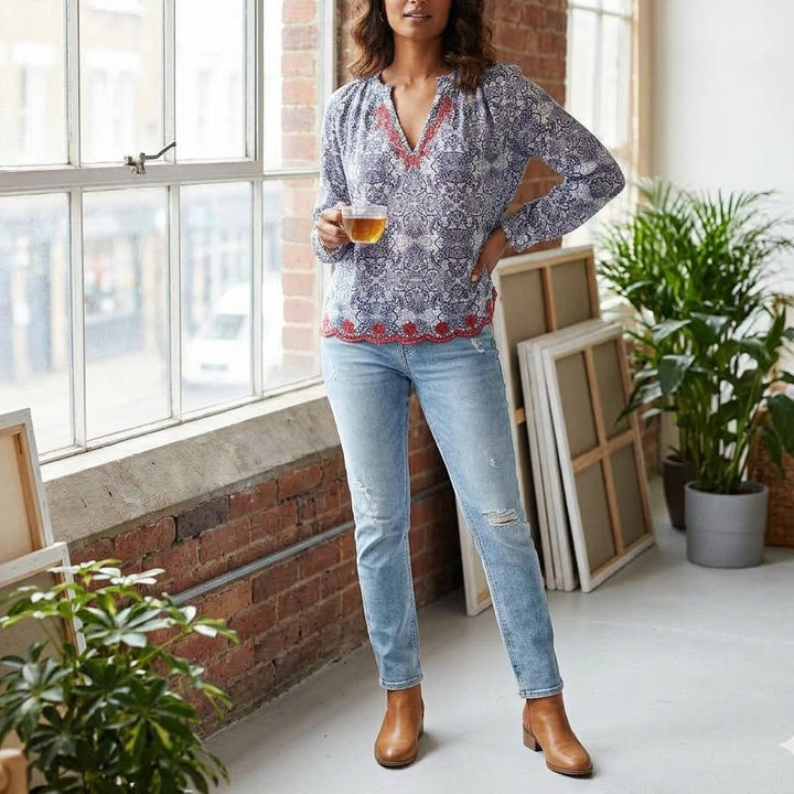 Berenice Eyelet Embroidered Floral Printed Blouse Top