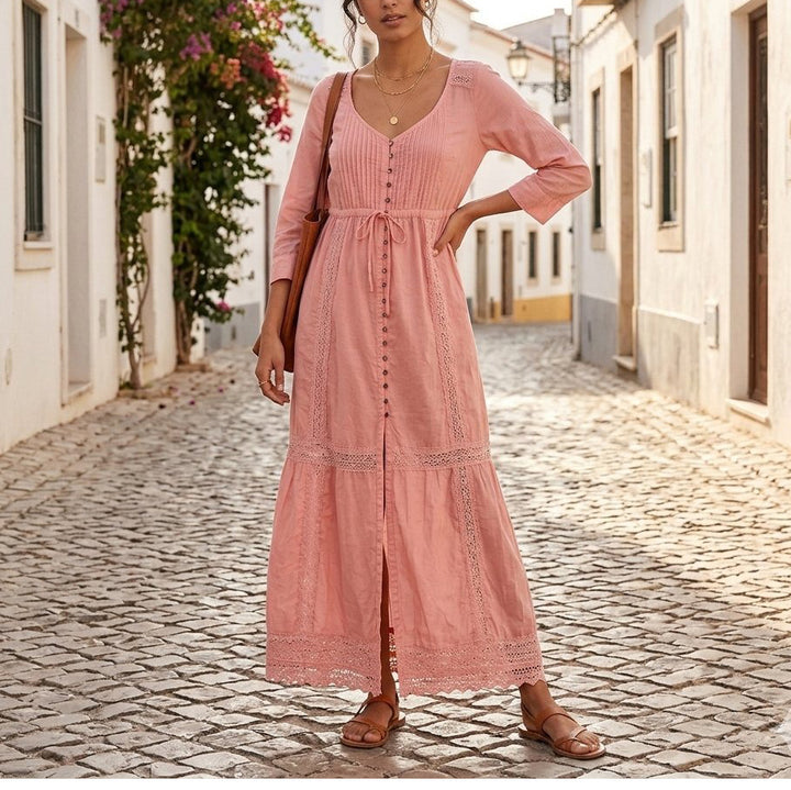 Odd Molly Anthropologie Pink Lace Buttondown Maxi Dress