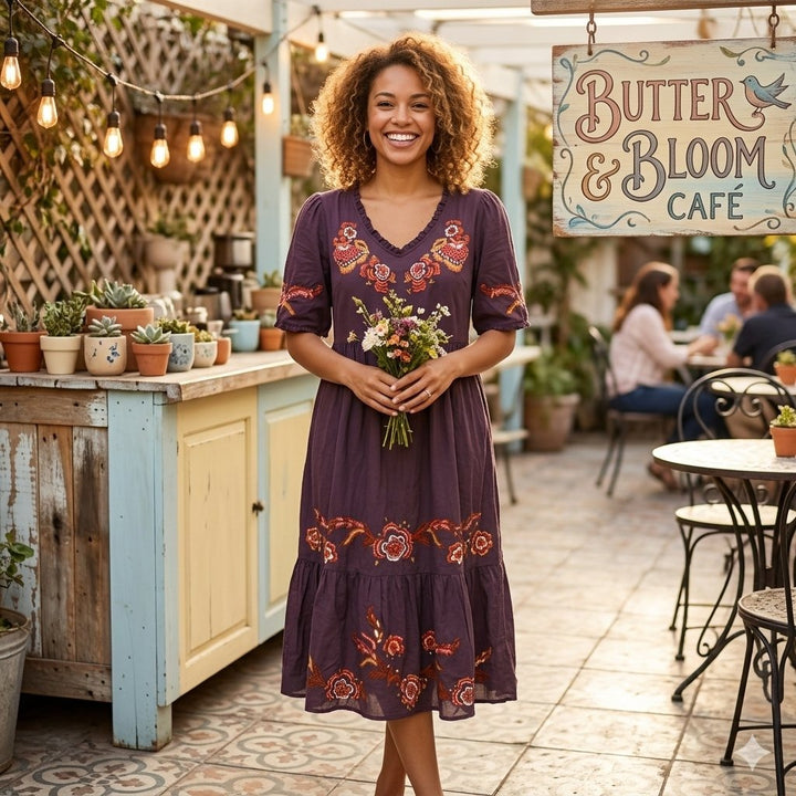 Odd Molly Anthropologie Floral Embroidered Ruffle Midi Dress