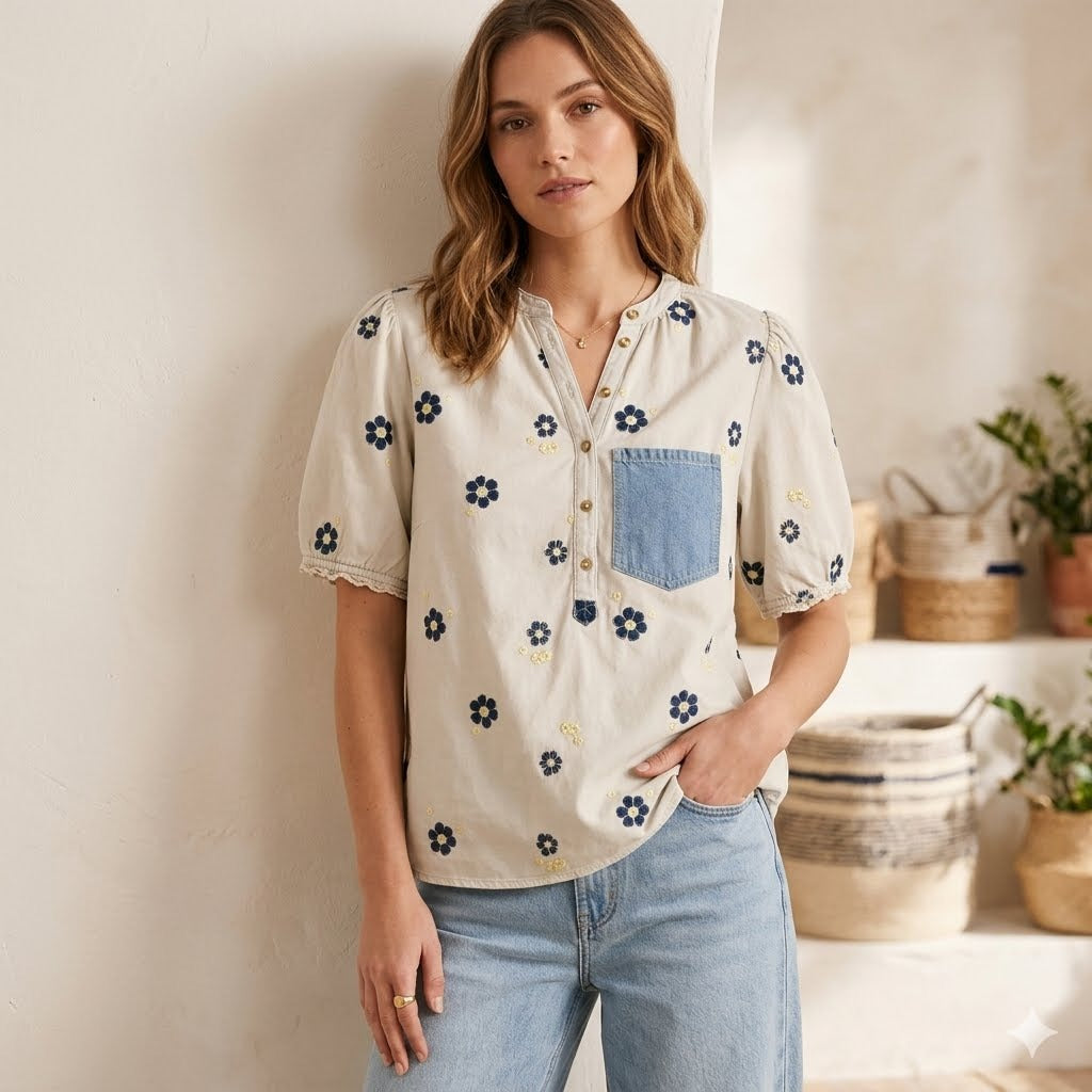 Anthropologie Pilcro Floral Embroidered Denim Tunic Top