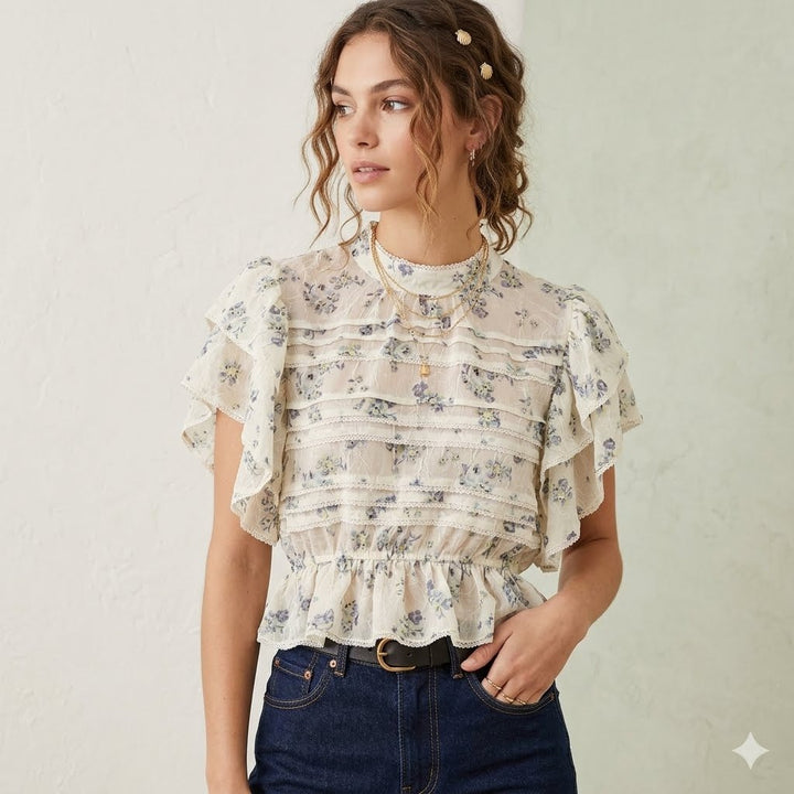 Free People Sheer Floral Printed Lace Ruffle Smocked Blouse Top