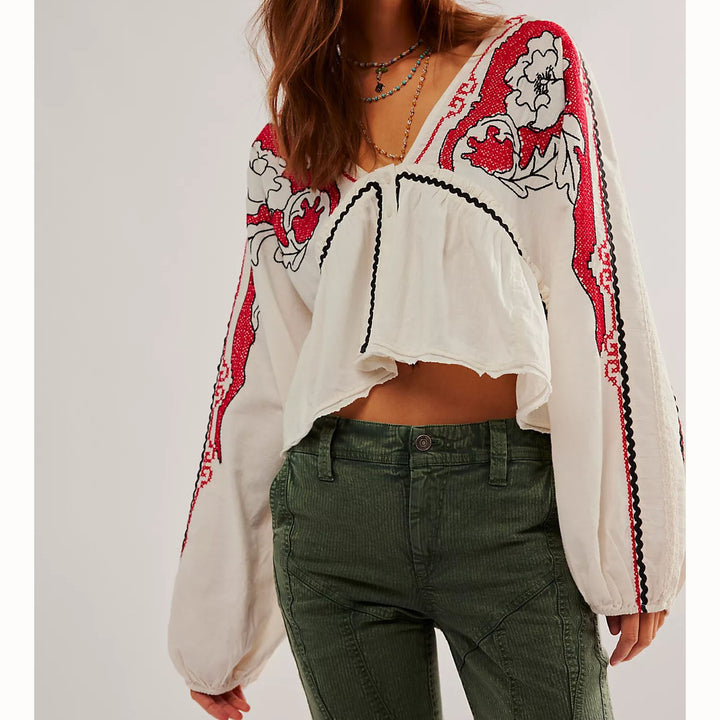 Free People Bonnie Floral Embroidered Blouse Top