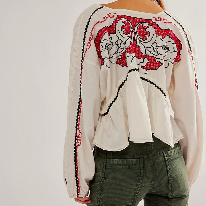 Free People Bonnie Floral Embroidered Blouse Top