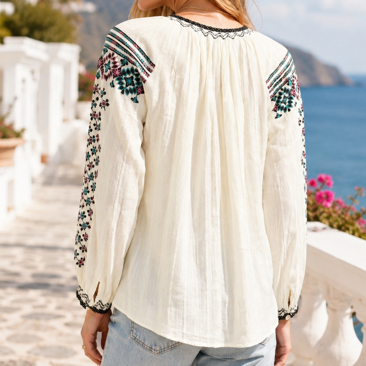 Splash Embroidered Striped Gauze Blouse