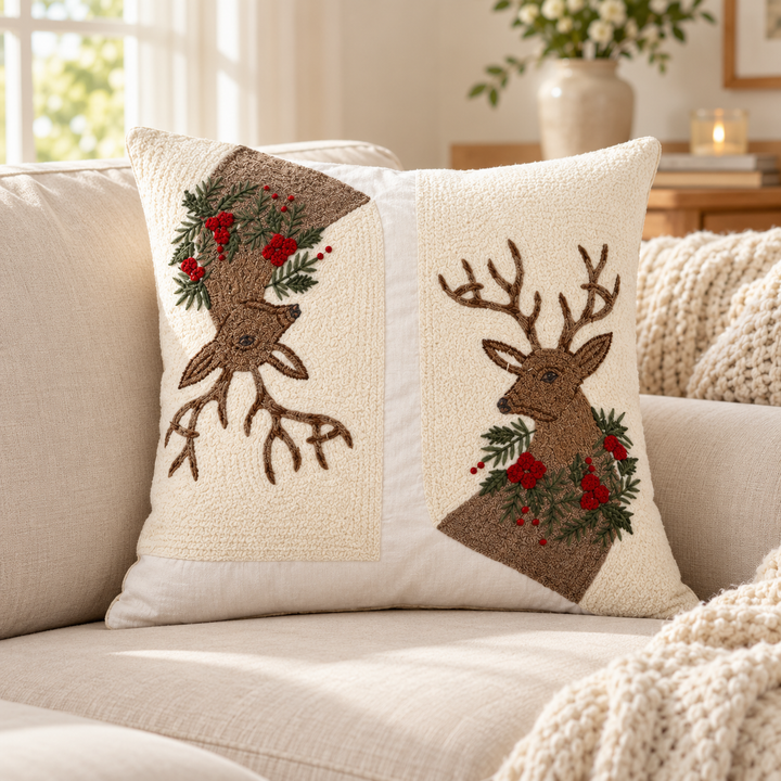1 PCS Deer Embroidered Cushion Cover Square Throw Pillow Case Home Decor