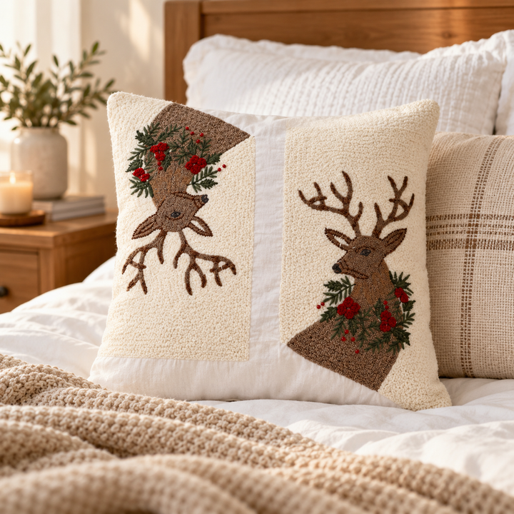 1 PCS Deer Embroidered Cushion Cover Square Throw Pillow Case Home Decor
