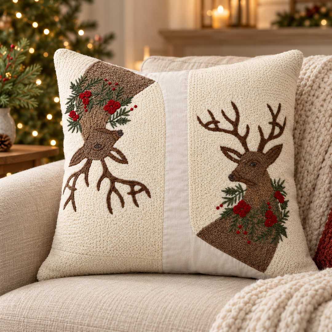 1 PCS Deer Embroidered Cushion Cover Square Throw Pillow Case Home Decor