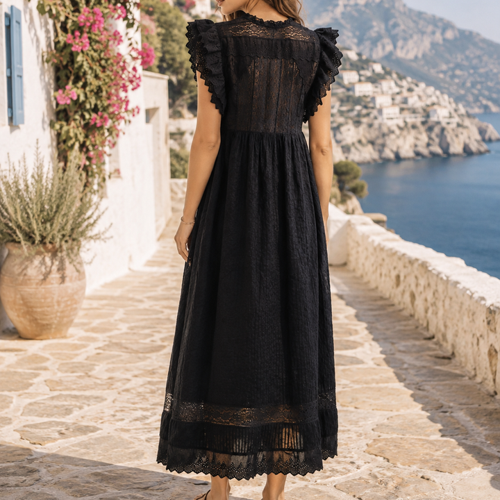 The Great Eyelet Embroidered Lace Ruffle Midi Dess