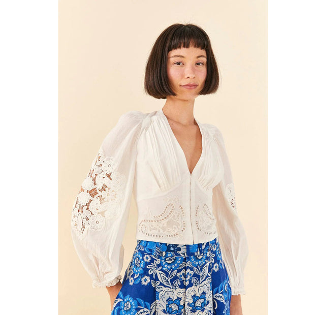 Farm Rio Anthropologie Off-White Long-Sleeve Lace Blouse Top