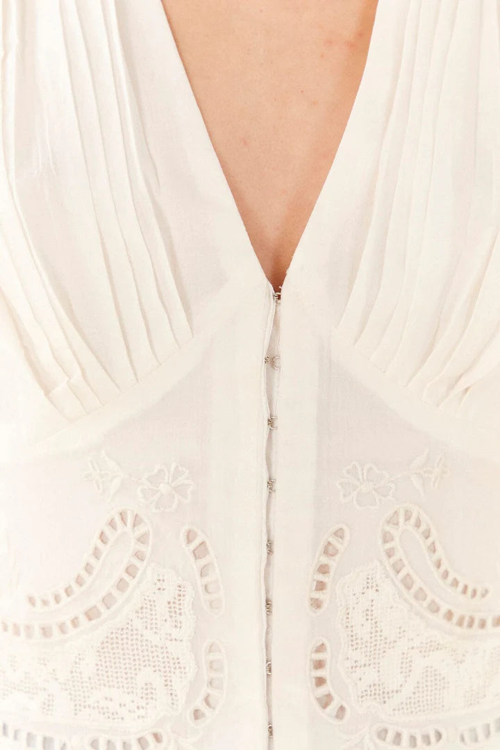 Farm Rio Anthropologie Off-White Long-Sleeve Lace Blouse Top