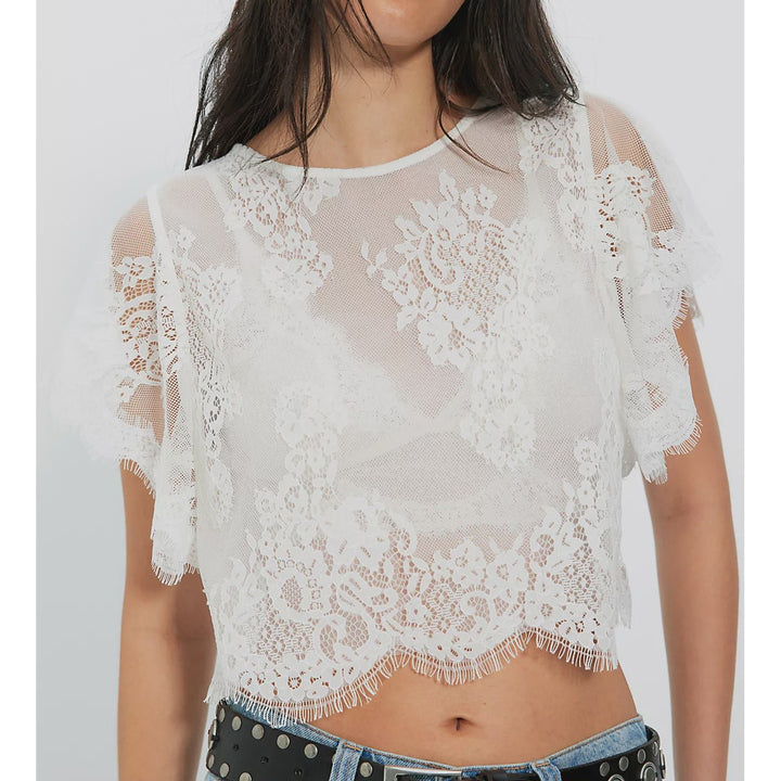 Free People Lunar Ash Lace Cropped Blouse Top