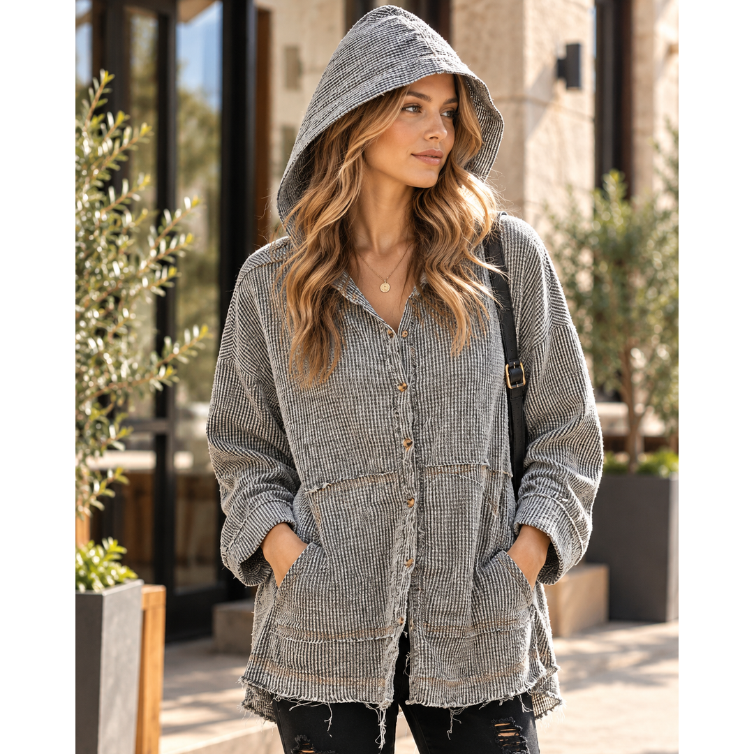 Free People 条纹系扣长款连帽衫上衣 M