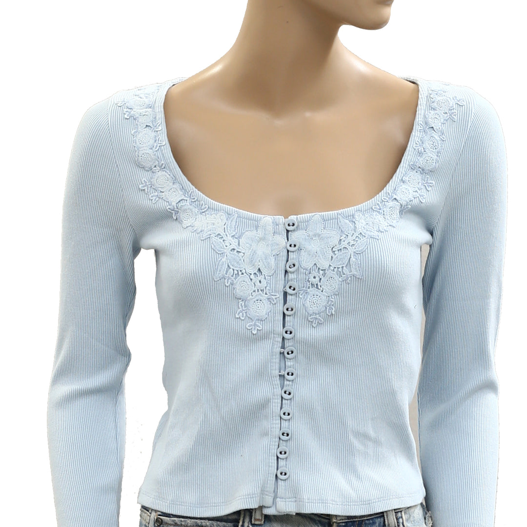 By Anthropologie Long-Sleeve Lace-Trim Blouse Top