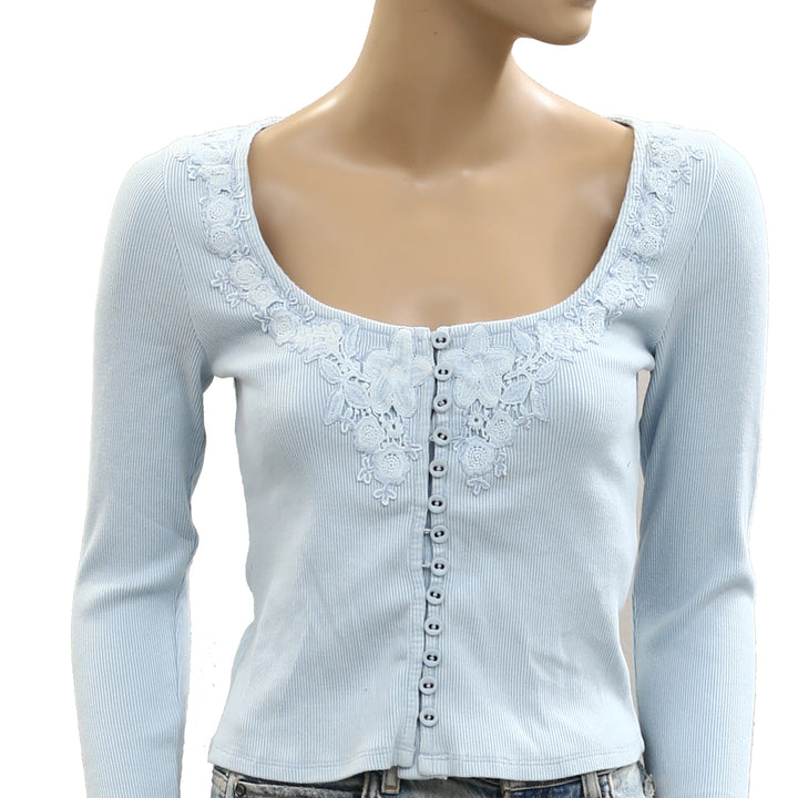 By Anthropologie Long-Sleeve Lace-Trim Blouse Top