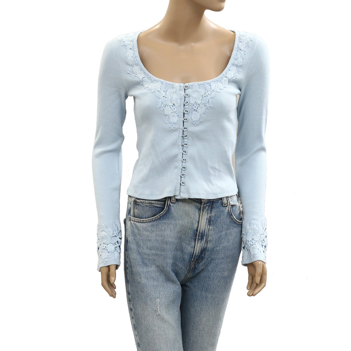 By Anthropologie Long-Sleeve Lace-Trim Blouse Top