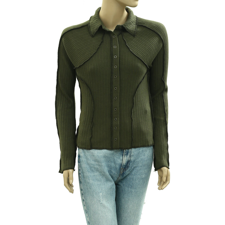 Free people Ribbed Button-Down Knit Blouse Top