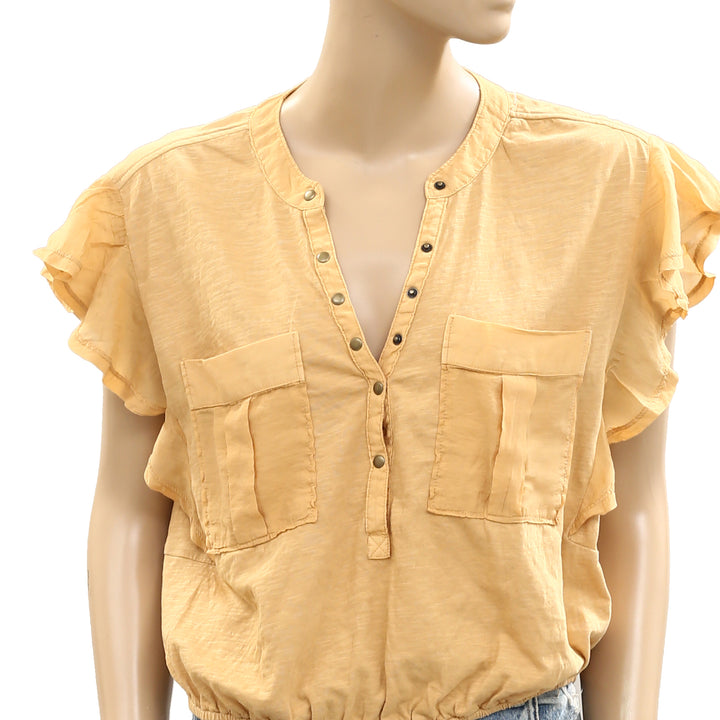 Anthropologie V-Neck Ruffle-Sleeve Knit Cropped Blouse Top