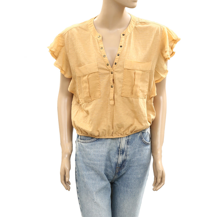 Anthropologie V-Neck Ruffle-Sleeve Knit Cropped Blouse Top
