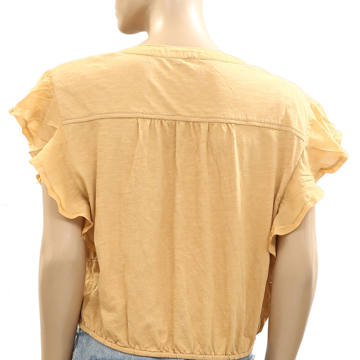 Anthropologie V-Neck Ruffle-Sleeve Knit Cropped Blouse Top