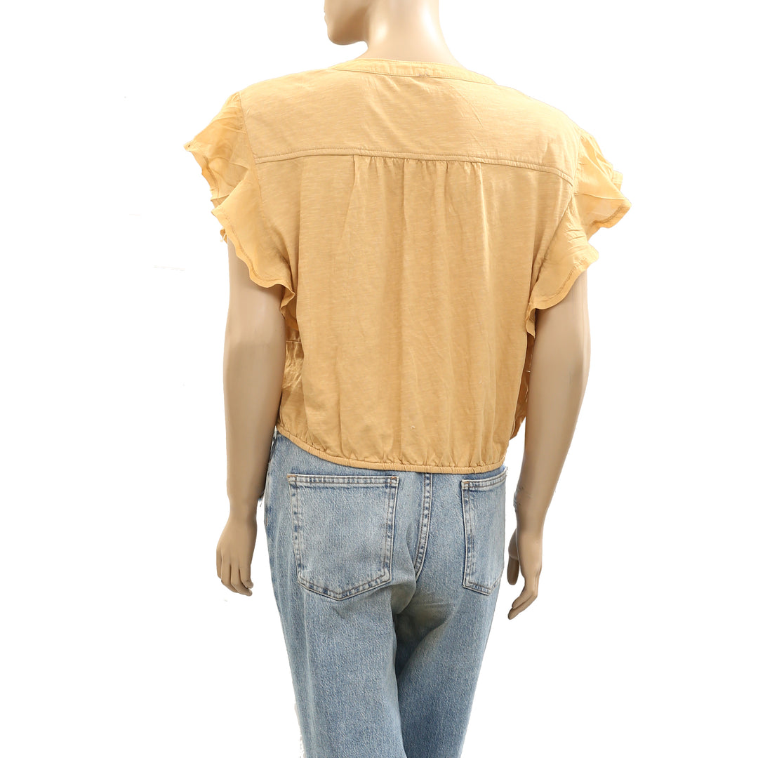 Anthropologie V-Neck Ruffle-Sleeve Knit Cropped Blouse Top