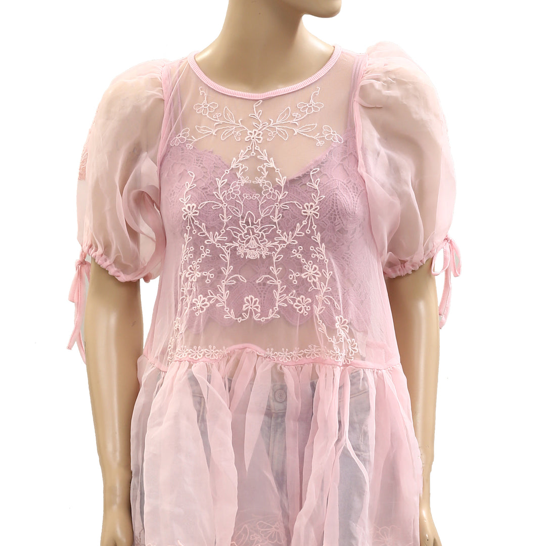 By Anthropologie Sheer Lace Peplum Blouse Top