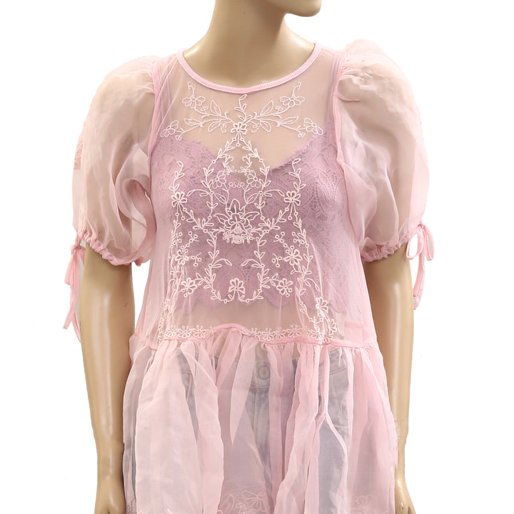 By Anthropologie Sheer Lace Peplum Blouse Top