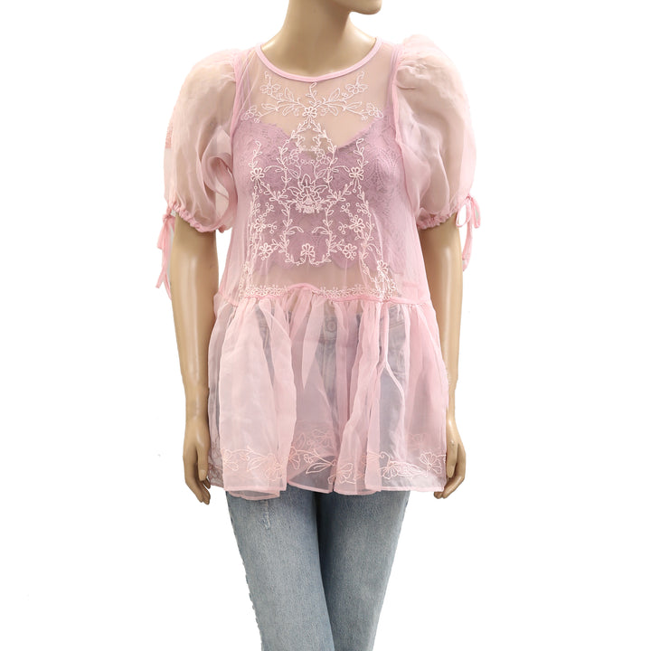 By Anthropologie Sheer Lace Peplum Blouse Top