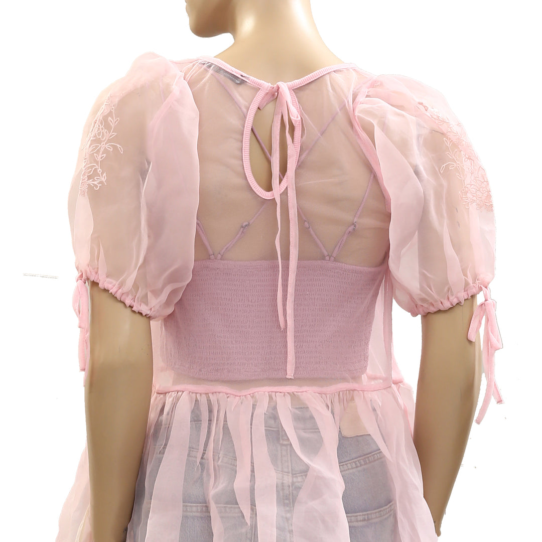 By Anthropologie Sheer Lace Peplum Blouse Top