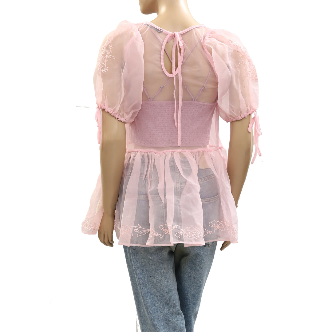 By Anthropologie Sheer Lace Peplum Blouse Top