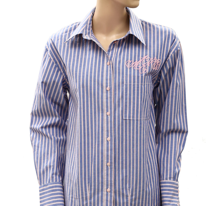 Maeve Anthropologie Embroidered Long-Sleeve Striped Buttondown Shirt