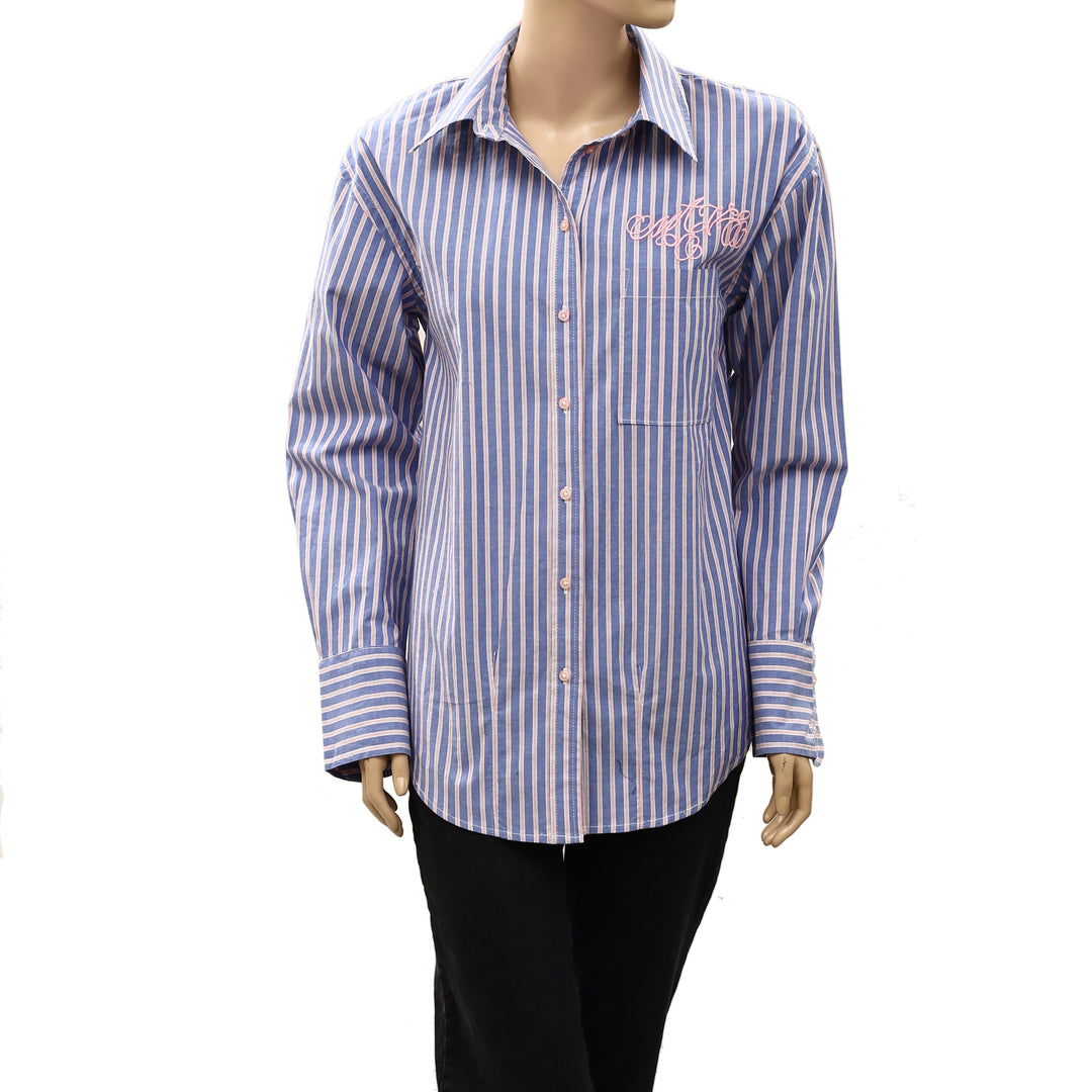 Maeve Anthropologie Embroidered Long-Sleeve Striped Buttondown Shirt