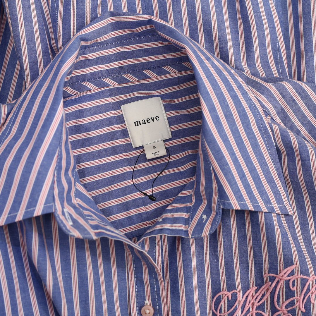 Maeve Anthropologie Embroidered Long-Sleeve Striped Buttondown Shirt
