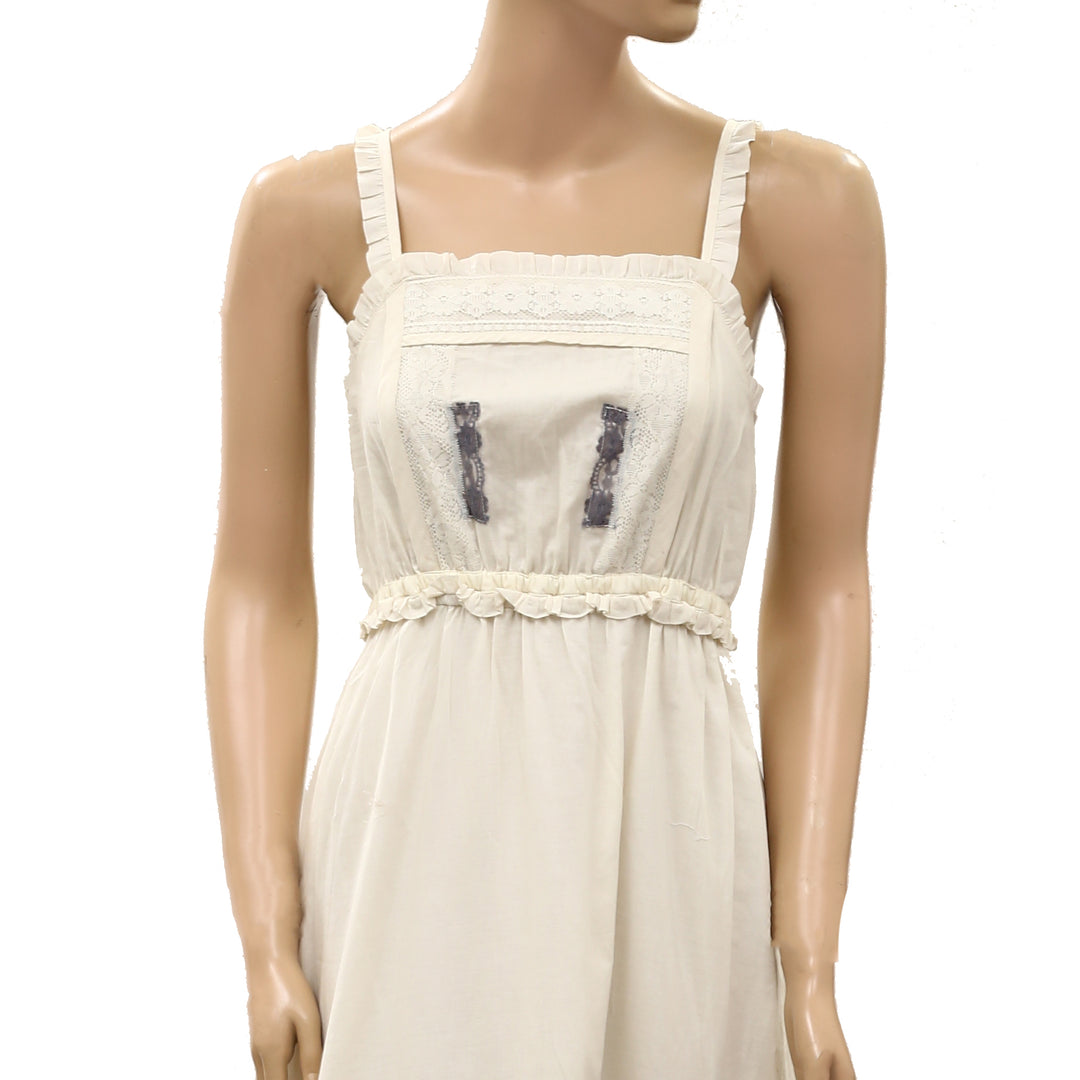 Free People Maxi Dress Smocked Ruffle Floral Lace Sleeveless Cotton