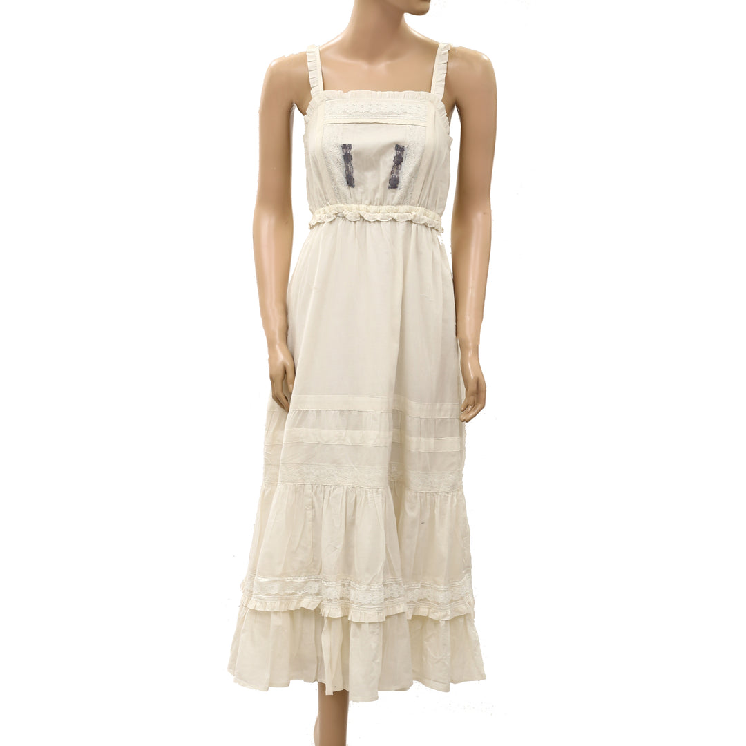 Free People Maxi Dress Smocked Ruffle Floral Lace Sleeveless Cotton