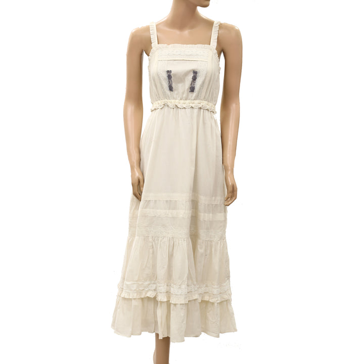 Free People Maxi Dress Smocked Ruffle Floral Lace Sleeveless Cotton