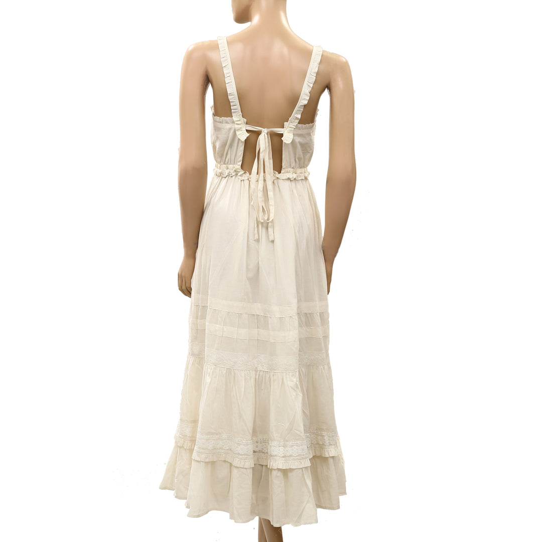 Free People Maxi Dress Smocked Ruffle Floral Lace Sleeveless Cotton
