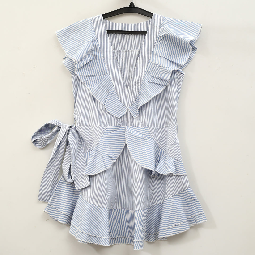Anthropologie Mini Dress Ruffle Flutter Sleeves Striped Printed Cotton