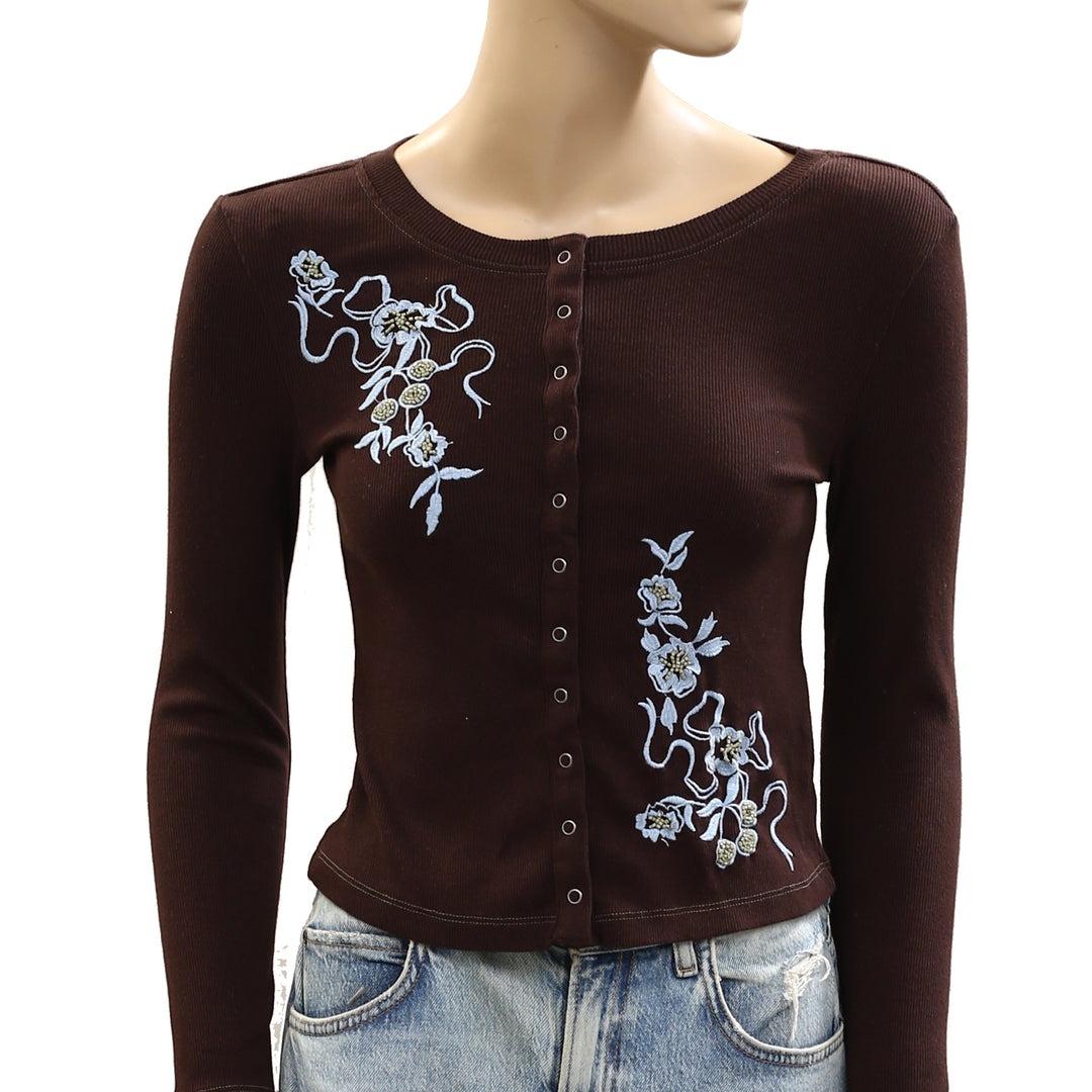 Free People Floral Embroidered Cardi Blouse Top