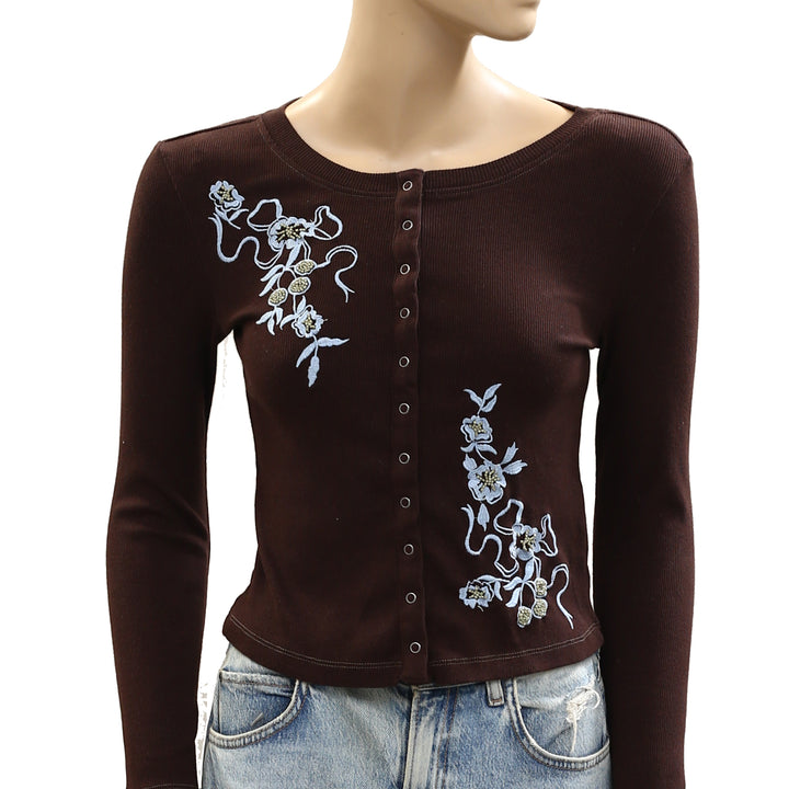 Free People Floral Embroidered Cardi Blouse Top