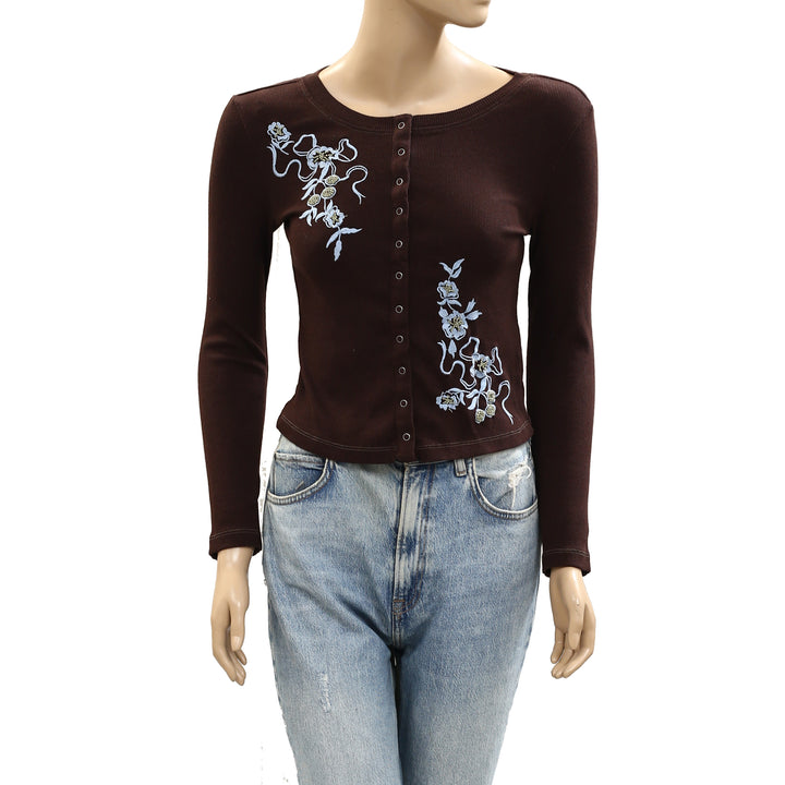 Free People Floral Embroidered Cardi Blouse Top