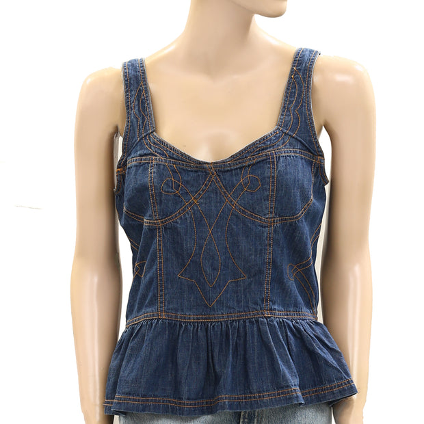 Anthropologie Pilcro Embroidered Peplum Corset Denim Tank Top