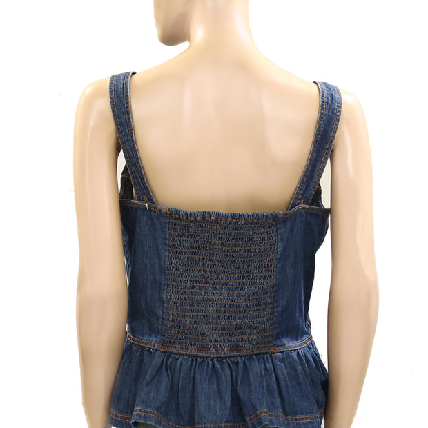 Anthropologie Pilcro Embroidered Peplum Corset Denim Tank Top