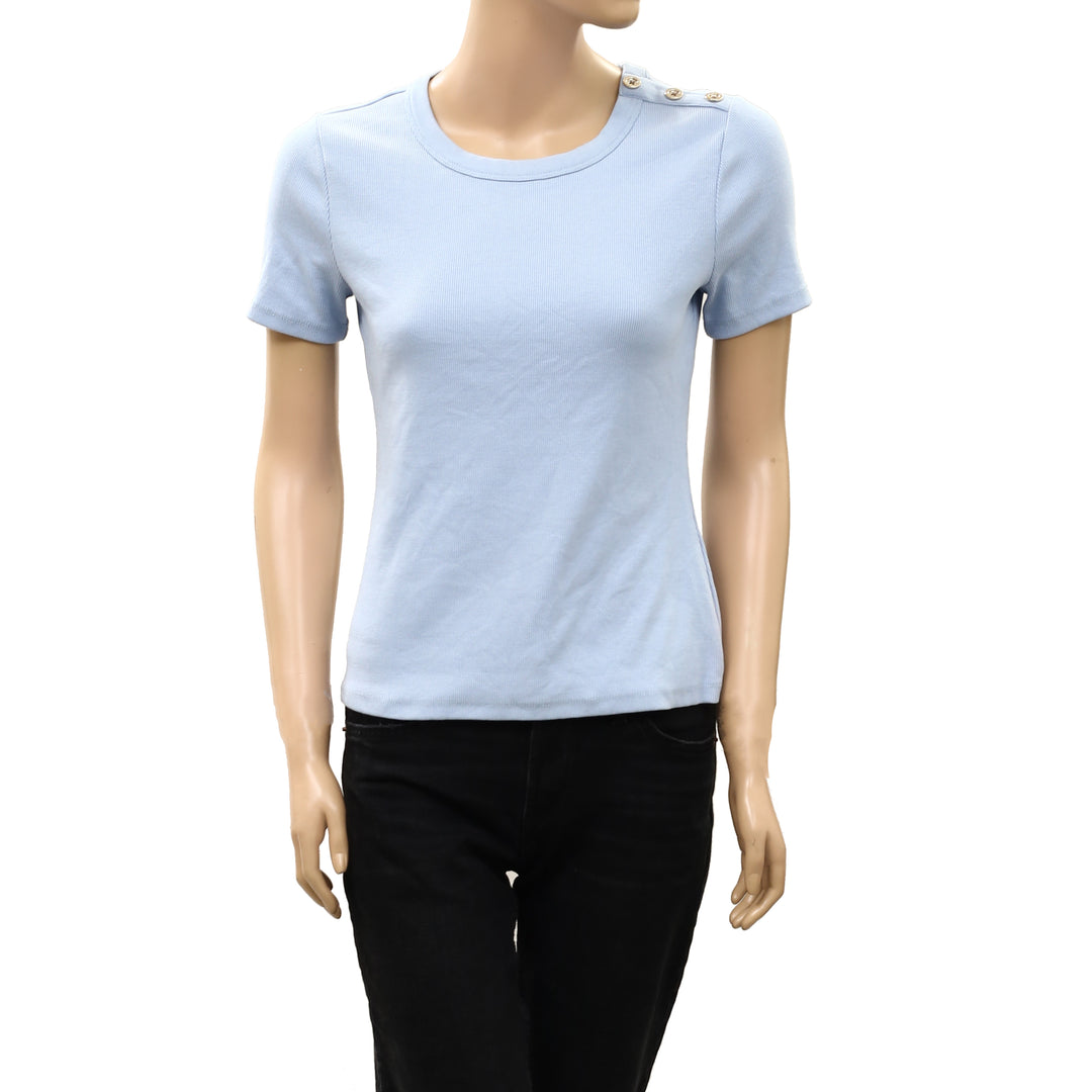 By Anthropologie Blouse Top Ribbed Short Sleeve Pullover Solid