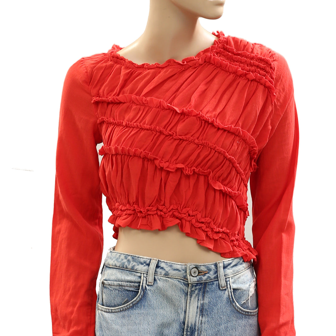 Free People Pink Sands Ruched Long Sleeve Cropped Top