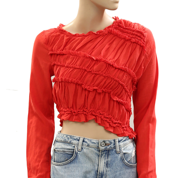 Free People Pink Sands Ruched Long Sleeve Cropped Top