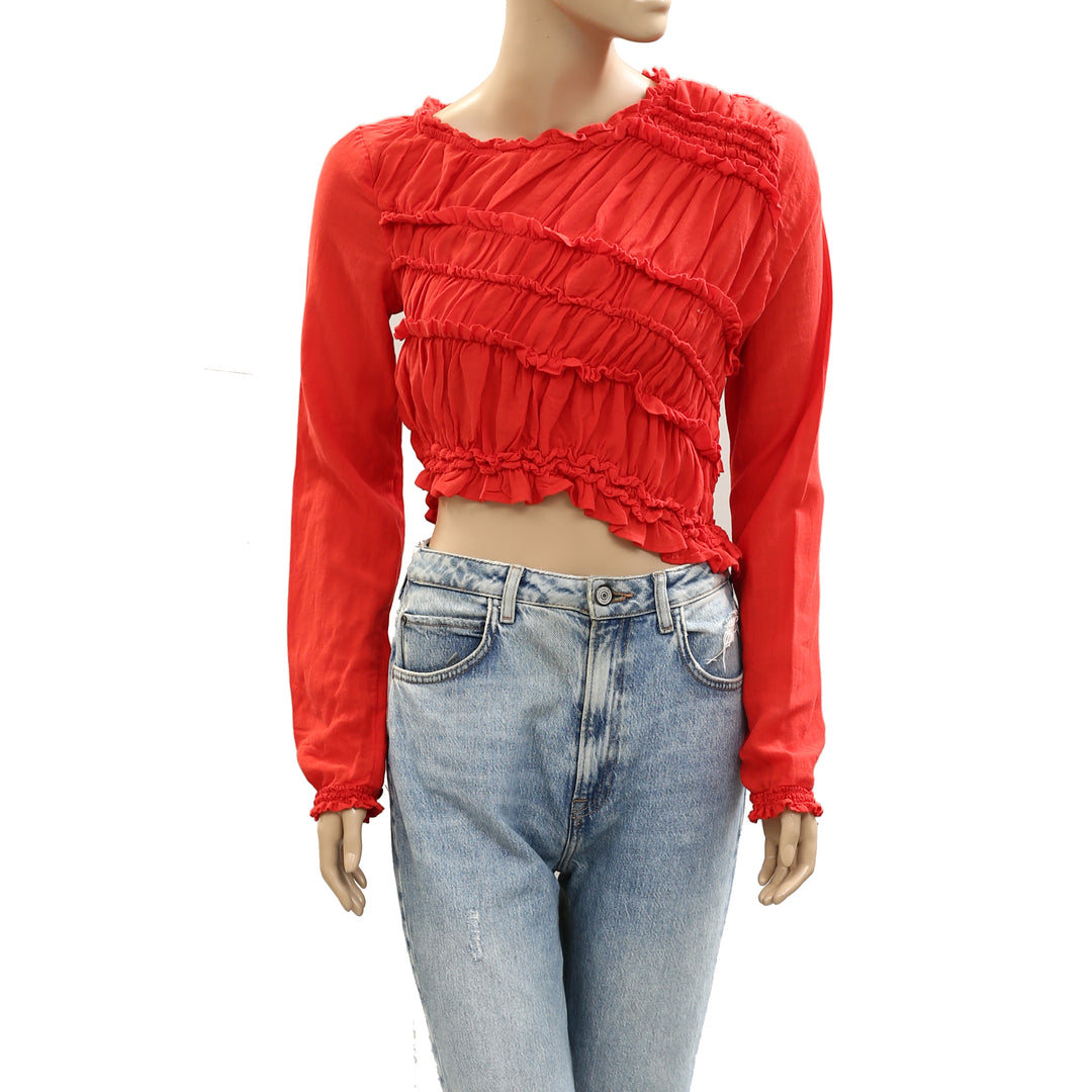 Free People Pink Sands Ruched Long Sleeve Cropped Top