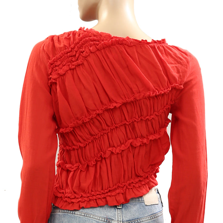 Free People Pink Sands Ruched Long Sleeve Cropped Top