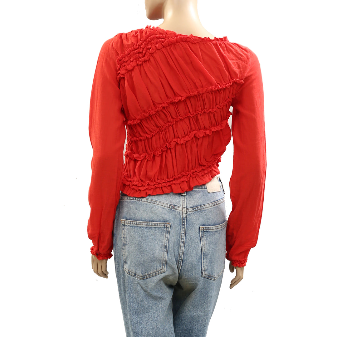 Free People Pink Sands Ruched Long Sleeve Cropped Top